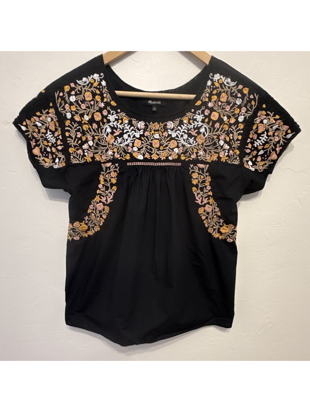 Madewell S Black Embroidered Floral Tunic Blouse Short Sleeve G1549